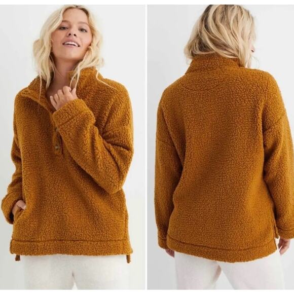 Aerie Cloud Sherpa Oversized Button Pullover Fleece Large Camel Cozy Lounge Fall - Picture 1 of 11